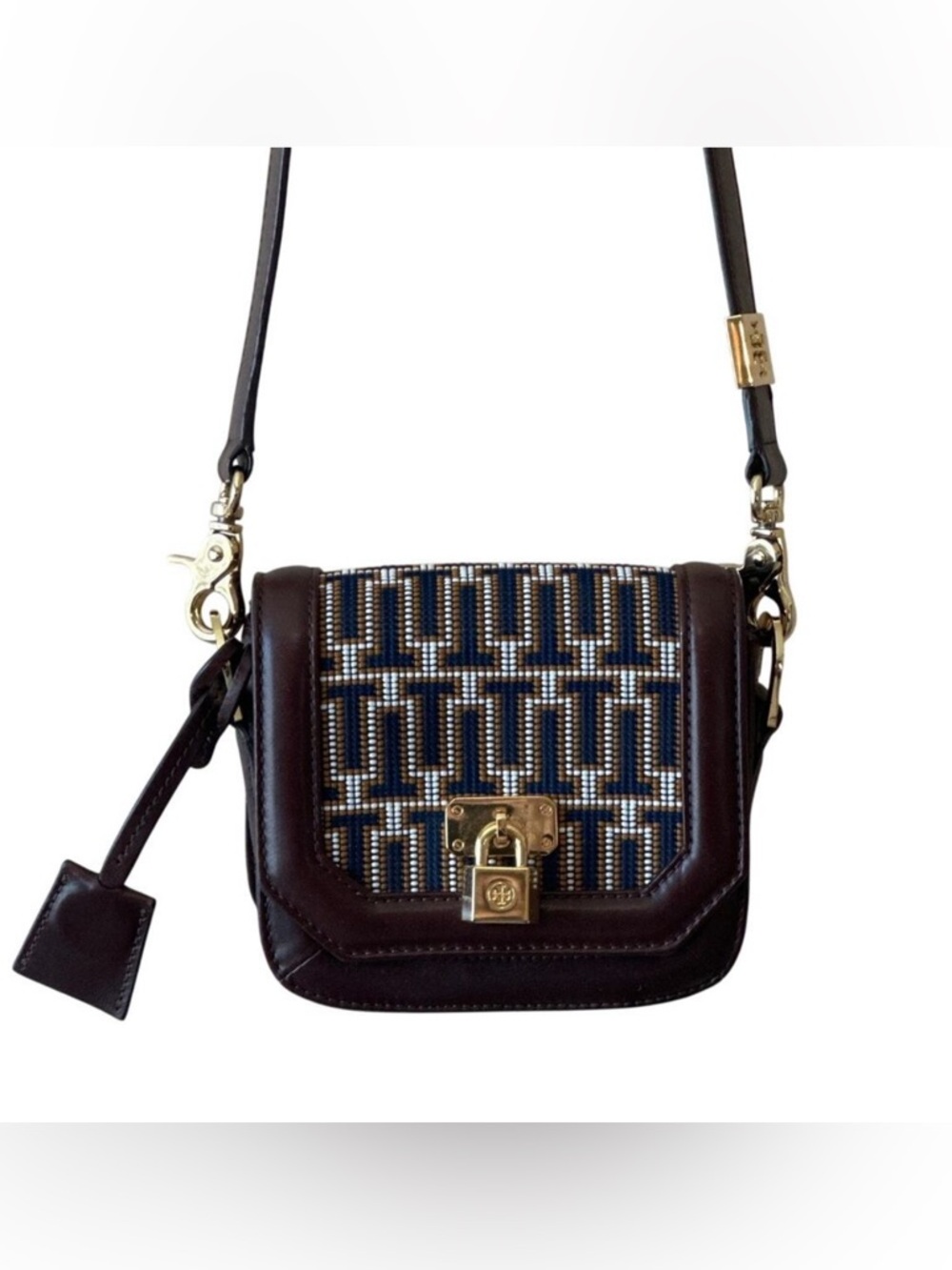 Tory Burch Mini Crossbody Navy Brown Logo Jacquard‎ Lock Bag